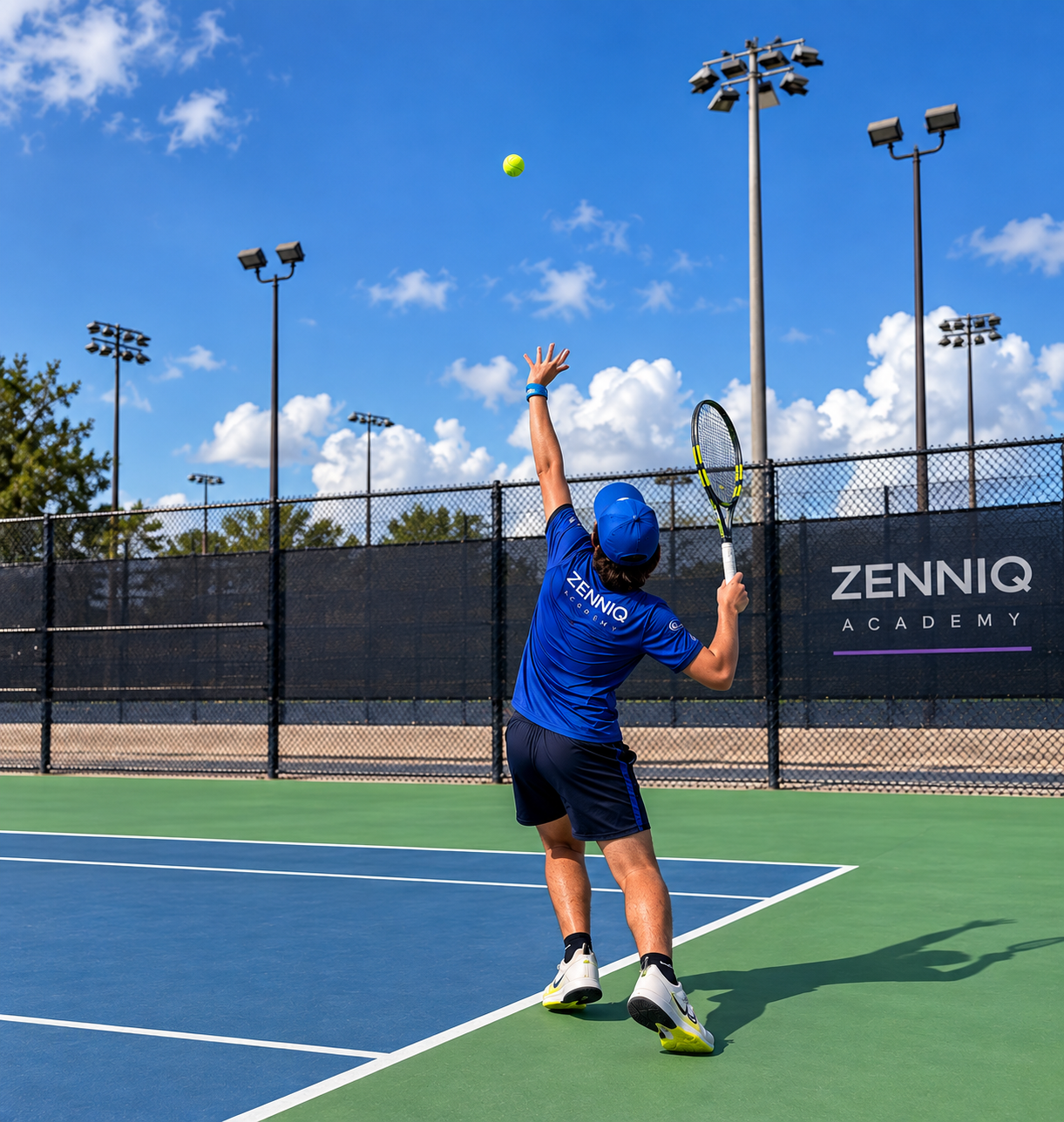 Junior tennis player practicing serve technique at ZENNIQ Academy in Katy, Texas