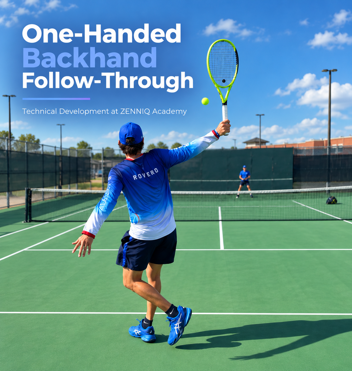 Adult tennis player demonstrating a one-handed backhand follow-through at ZENNIQ Academy in Katy, Texas