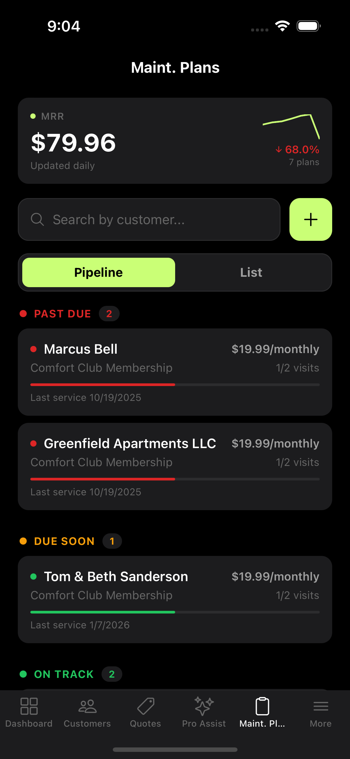 HVAC Pro maintenance plans screen on a phone