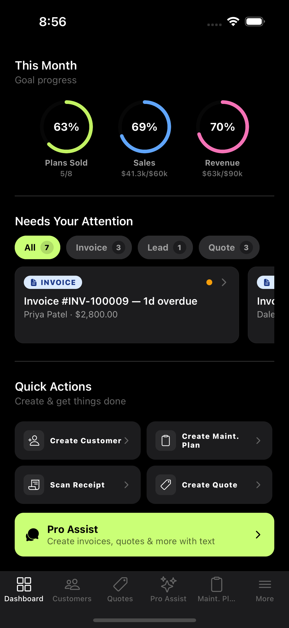 HVAC Pro dashboard screen on a phone