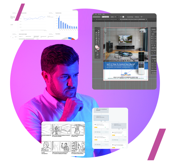 Blake Hickey with samples of his marketing, design, and storyboard work