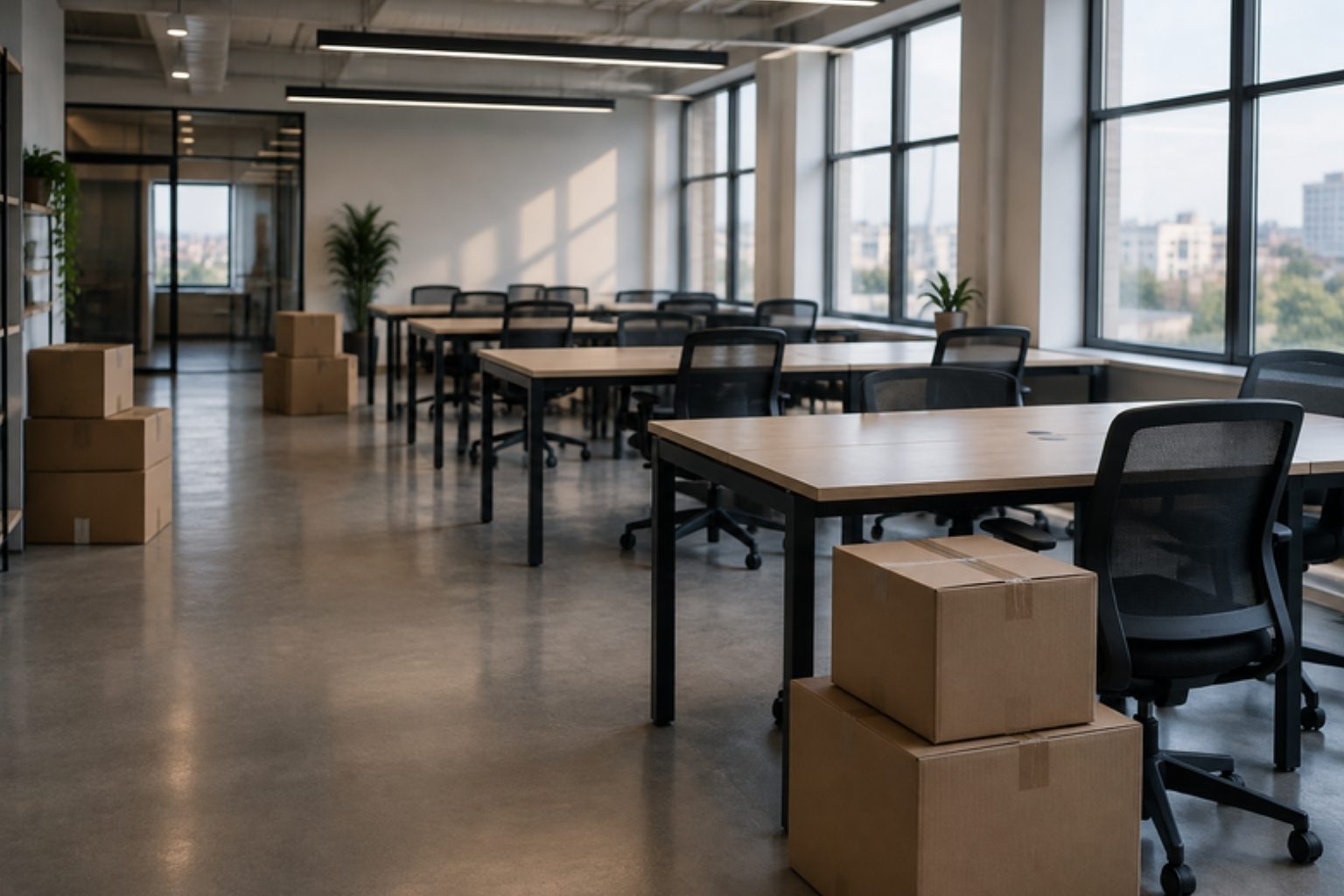 An empty coworking office with moving boxes