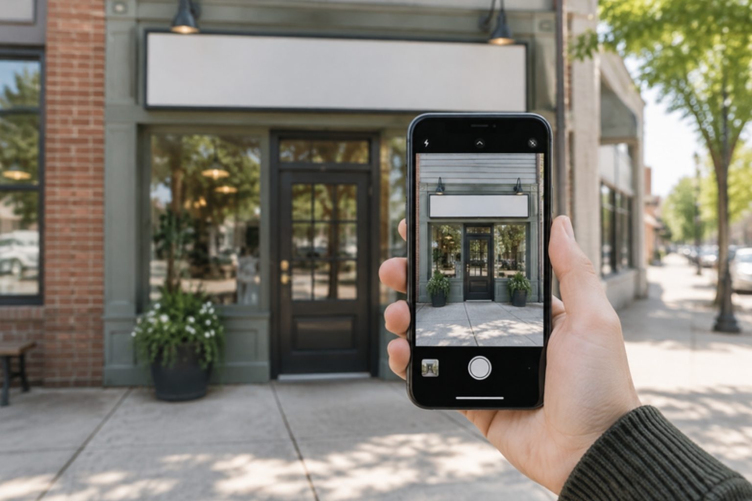 A phone recording the front of a small business