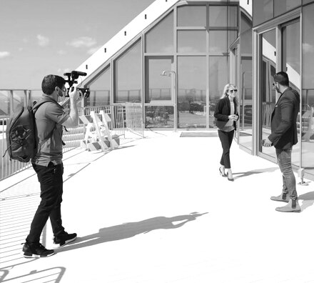 Filming an interview on a rooftop in Miami