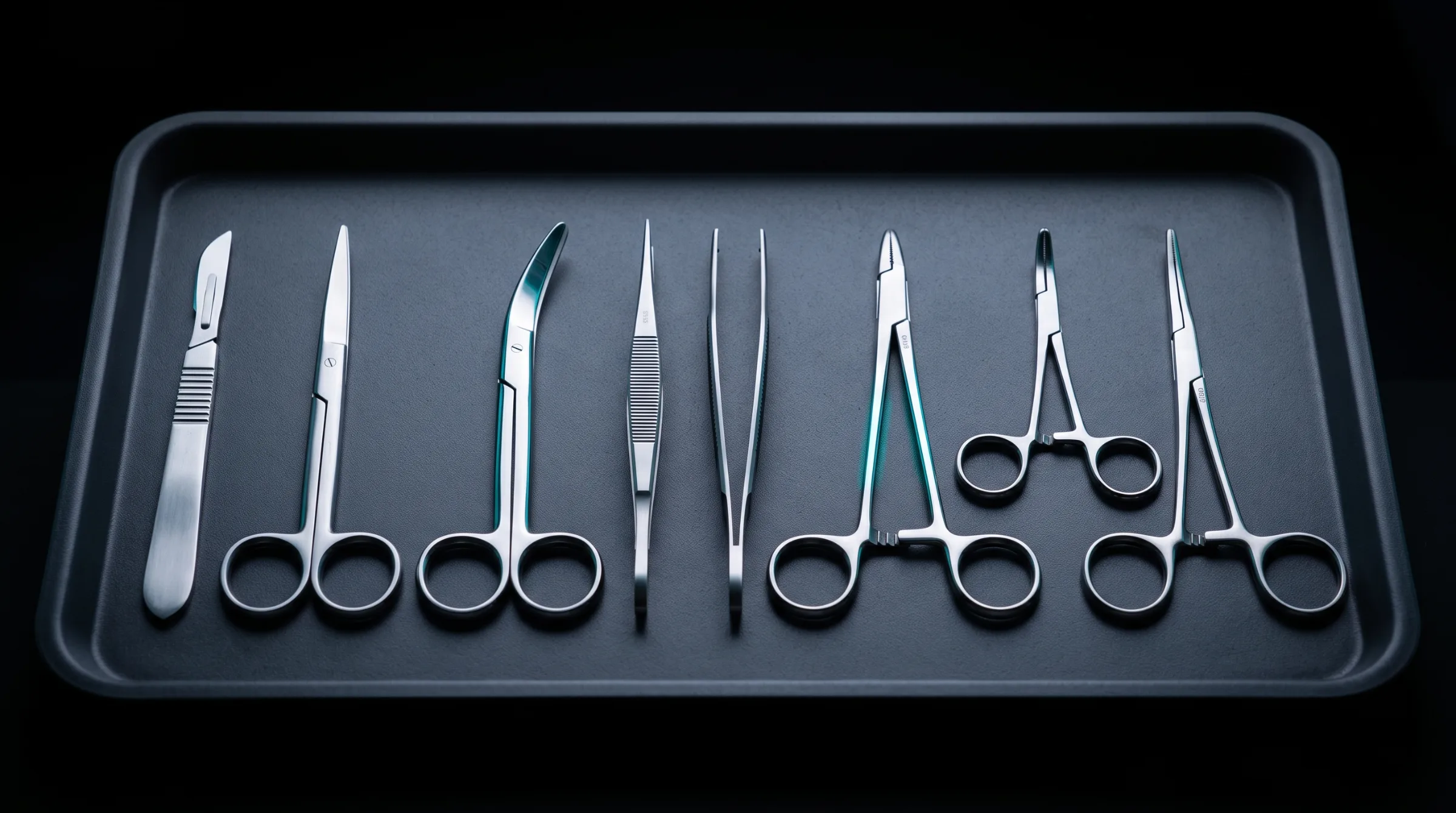 Illustrative image: surgical instruments on a dark tray