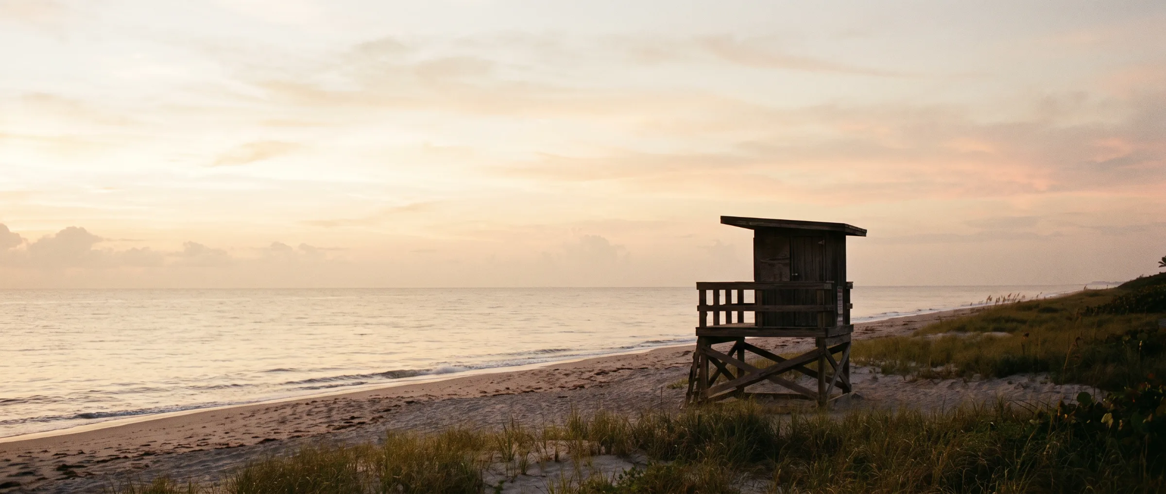 The Atlantic shoreline in Jupiter, Florida at first light with a lone lifeguard stand