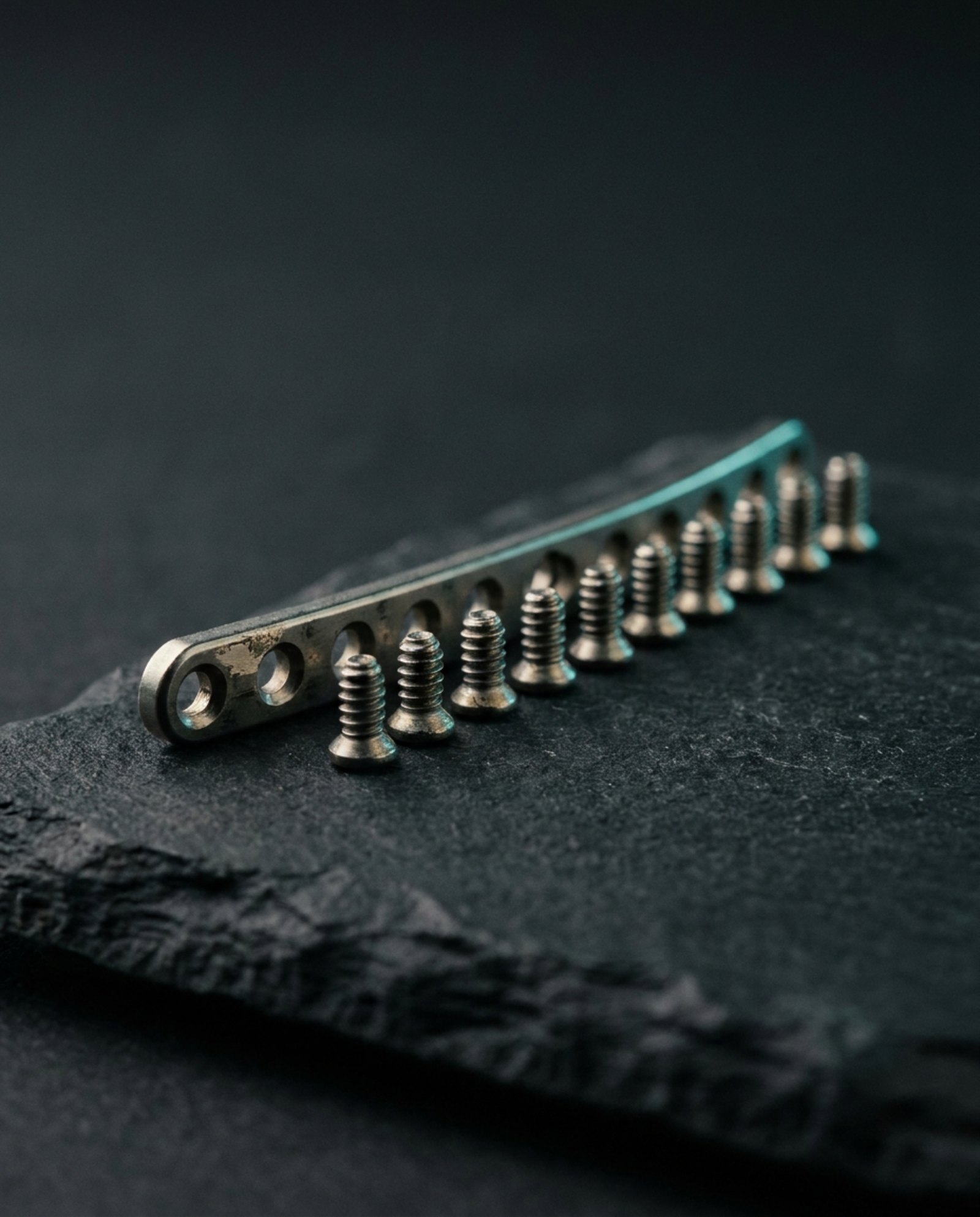 Illustrative image: a titanium fixation plate with a row of tiny screws, shown up close.