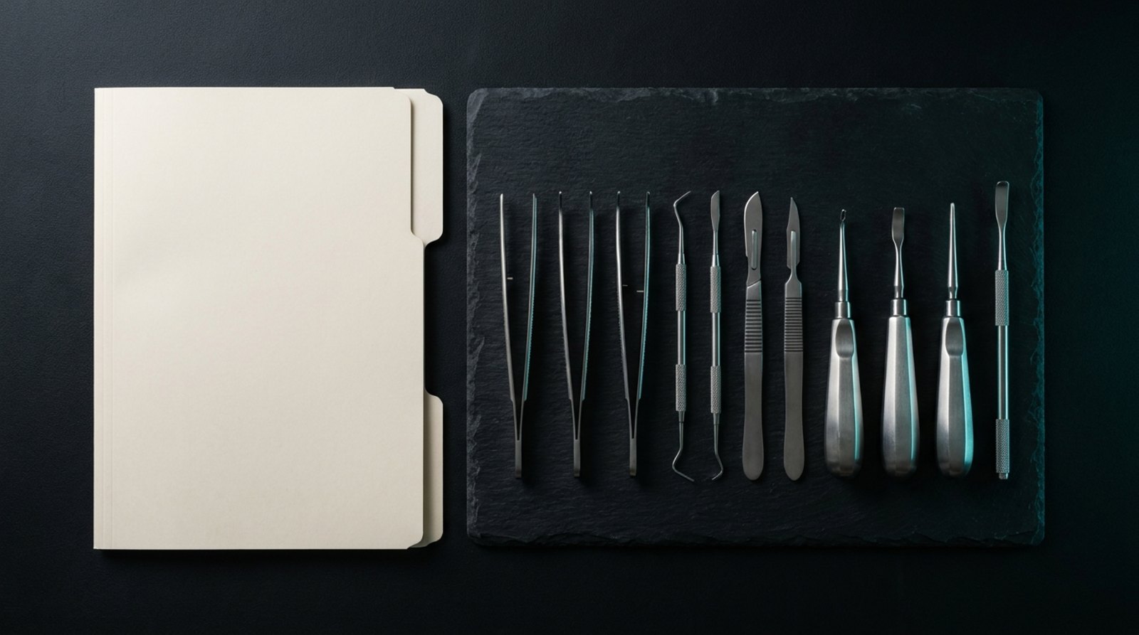 Illustrative image: a closed bone-colored folder beside a row of surgical instruments.