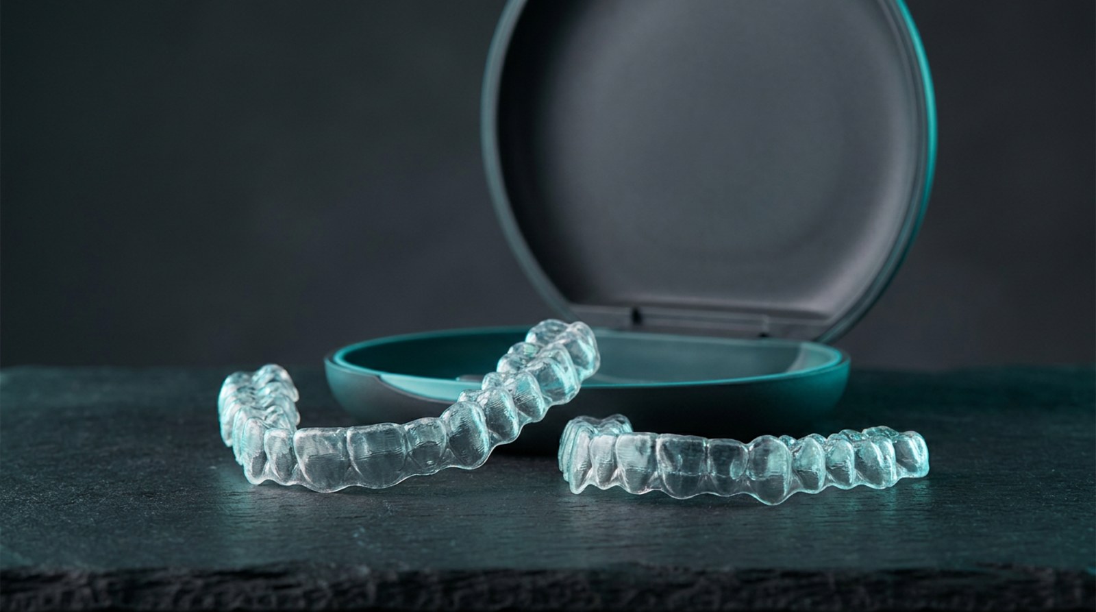 Illustrative image: an upper and a lower clear aligner beside an open aligner case.