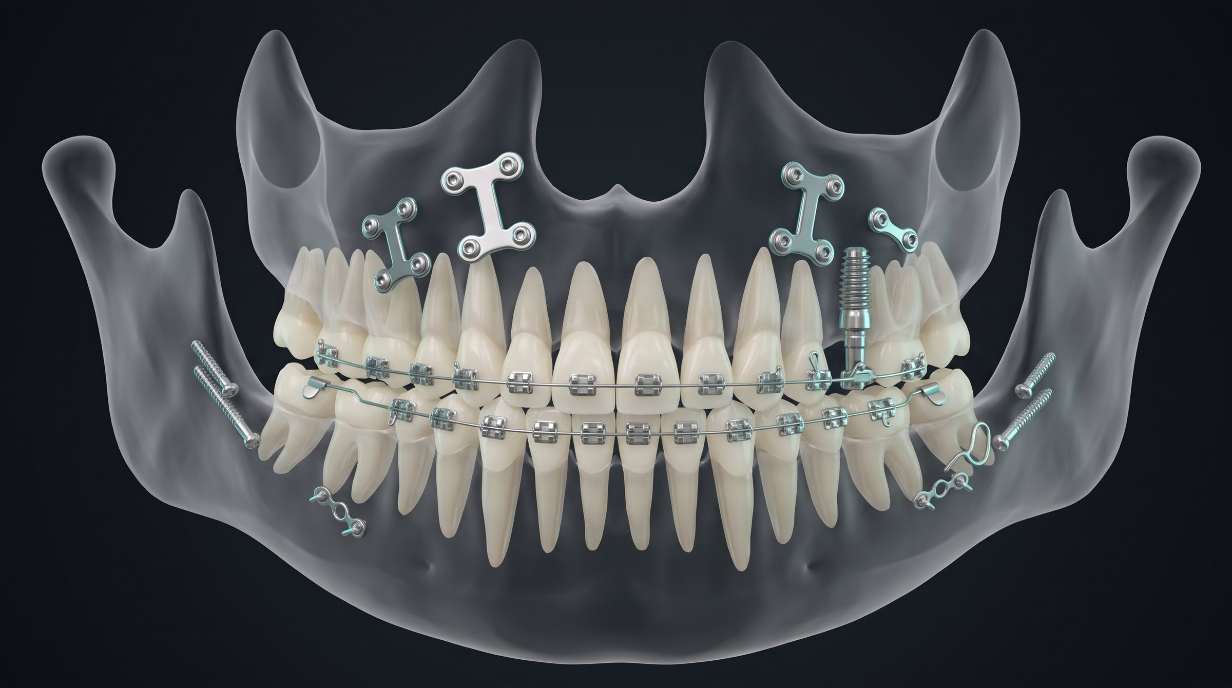 Illustration made from Blake's X-ray after double jaw surgery: four plates in the upper jaw, screws and small plates in the lower jaw, braces on both arches and one implant
