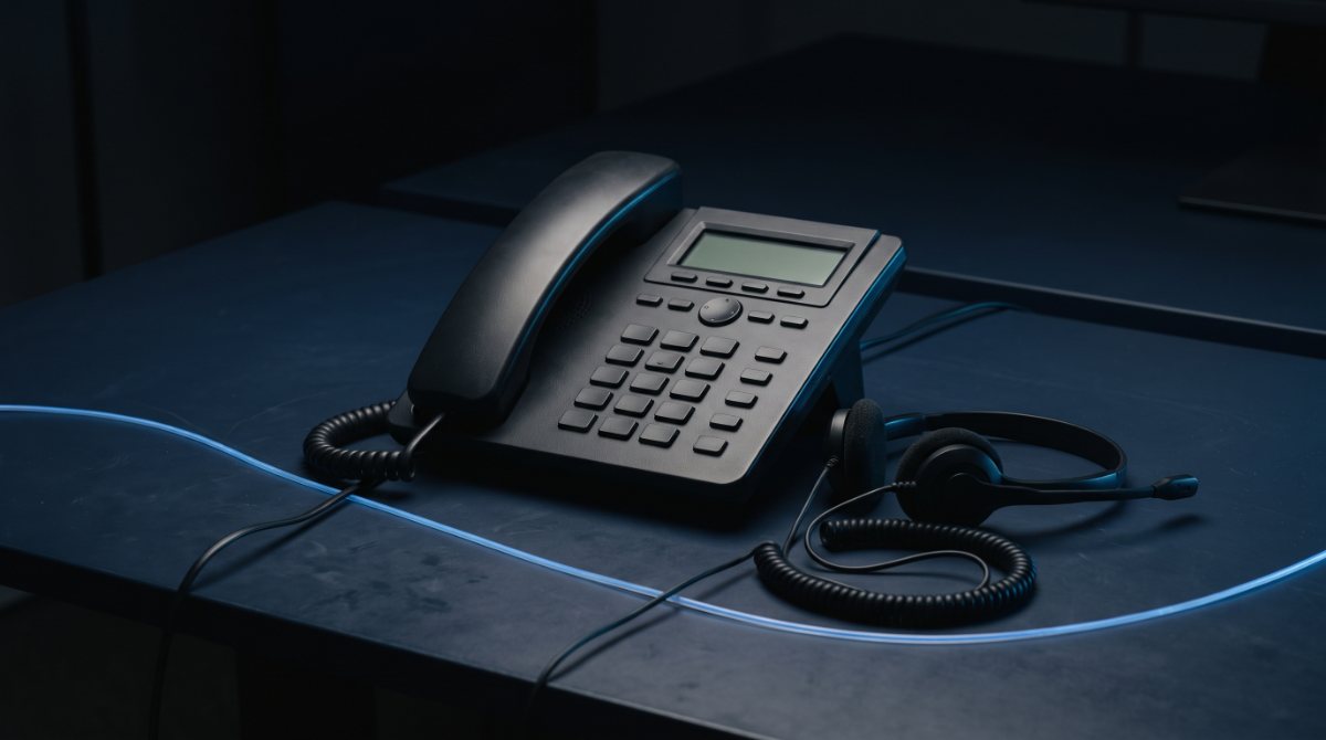 Illustrative image: a desk phone and headset on a dark navy desk, with a thin blue light line running past them