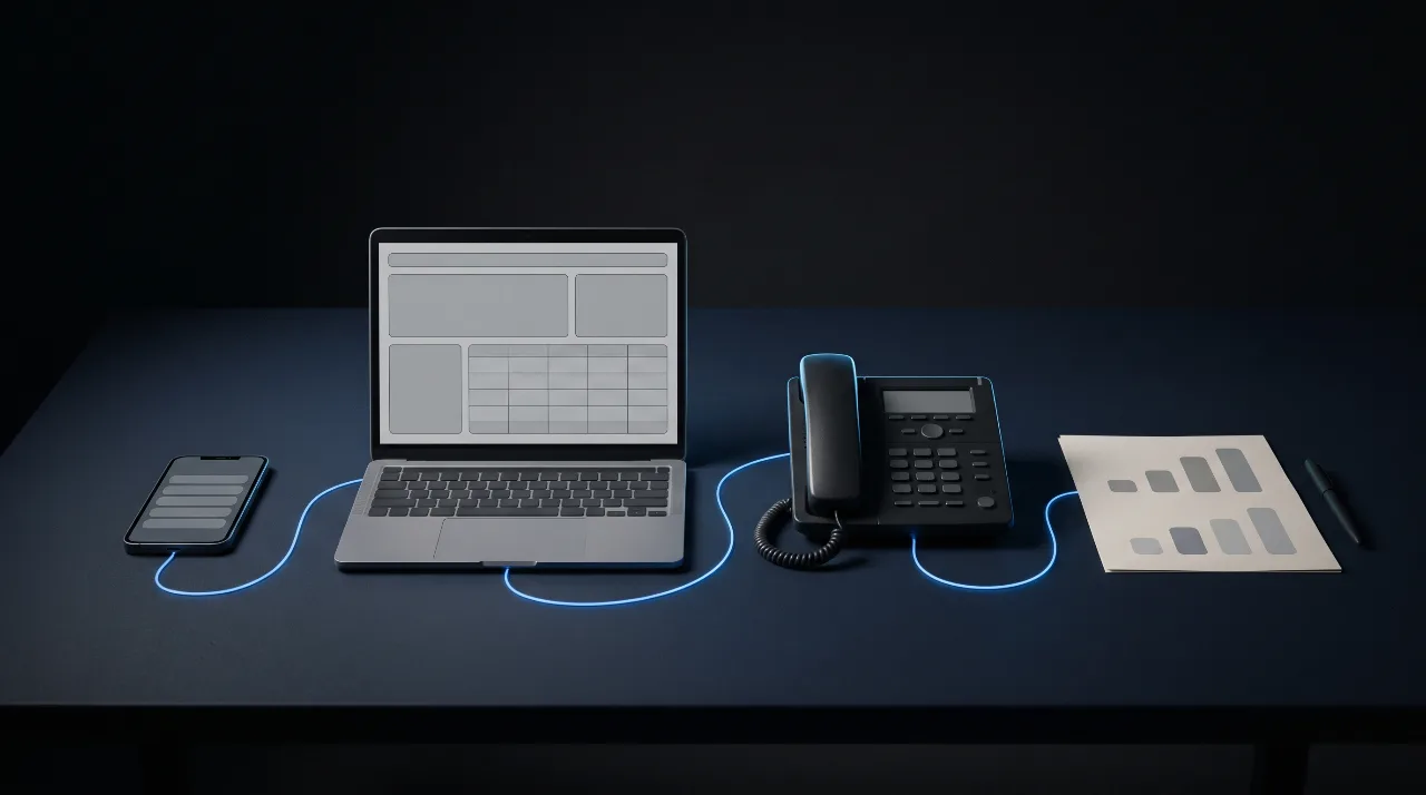 Illustrative image: a phone, an open laptop, a desk phone and a printed report on a dark navy desk, joined by one glowing blue line