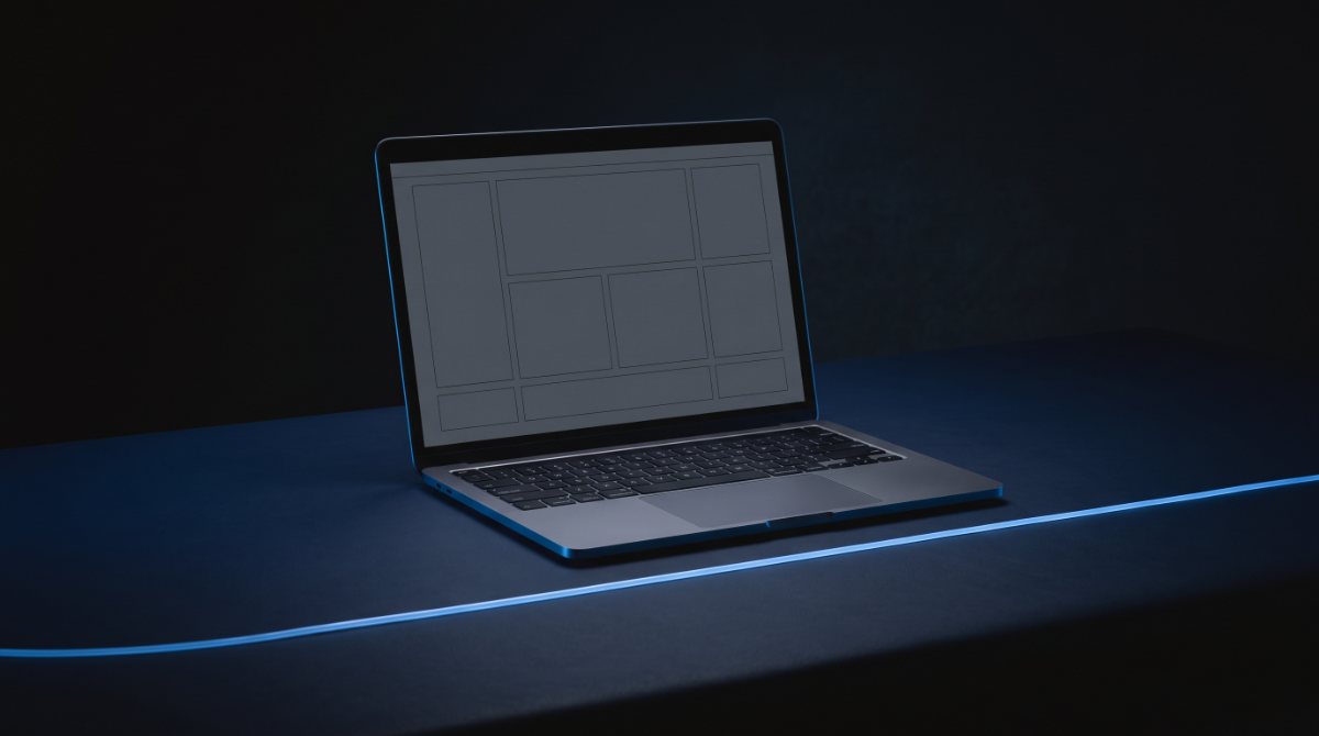 Illustrative image: an open laptop showing a blank website wireframe, with a thin blue light line on the desk in front of it
