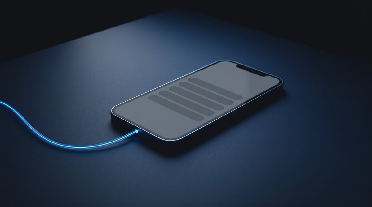 Illustrative image: a phone on a dark navy desk showing a blank search results layout, with a thin blue light line touching it