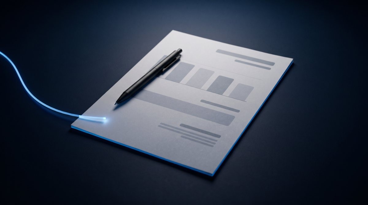 Illustrative image: a printed one-page report with blank bars and a pen, with a thin blue light line ending at the page