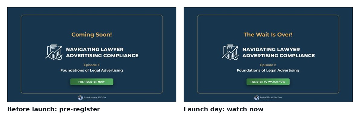 Two email graphics: pre-register before launch, and watch now on launch day
