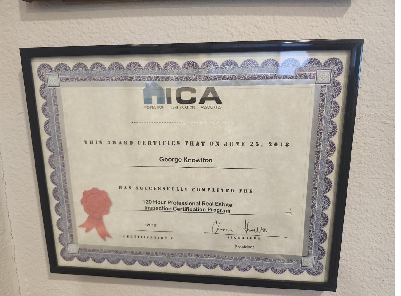 ICA Inspection Certification Associates certificate — George Knowlton, 120 Hour Professional Real Estate Inspection Certification, June 25 2018, Certification Number 18019