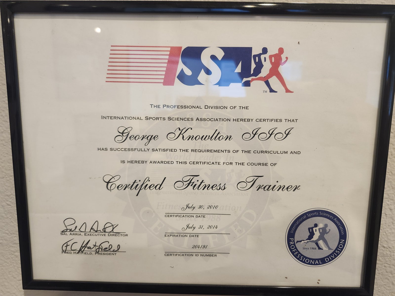 ISSA Certified Fitness Trainer certification — George Knowlton, 2010