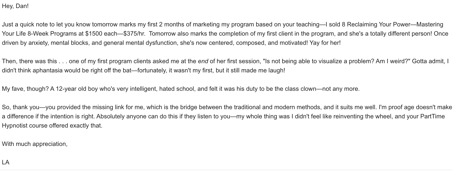 Client testimonial