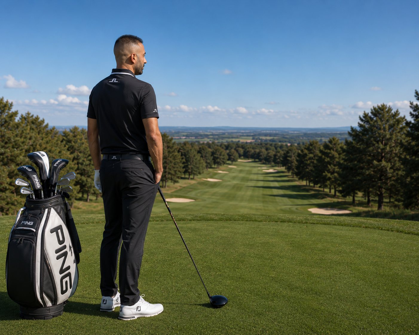 Hassan on the tee looking down the fairway
