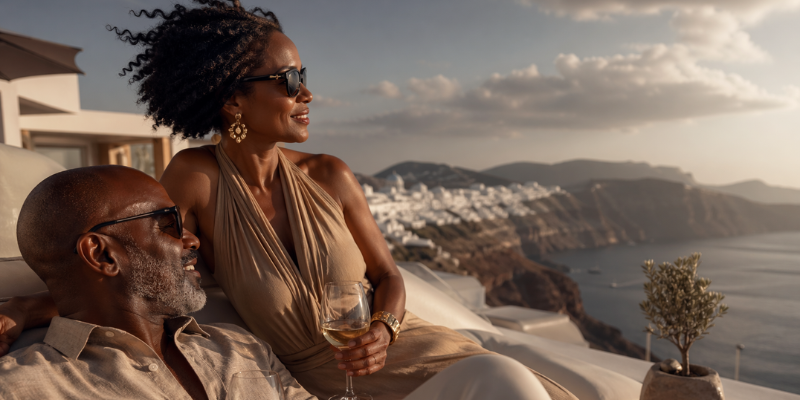 Couple on private terrace overlooking caldera