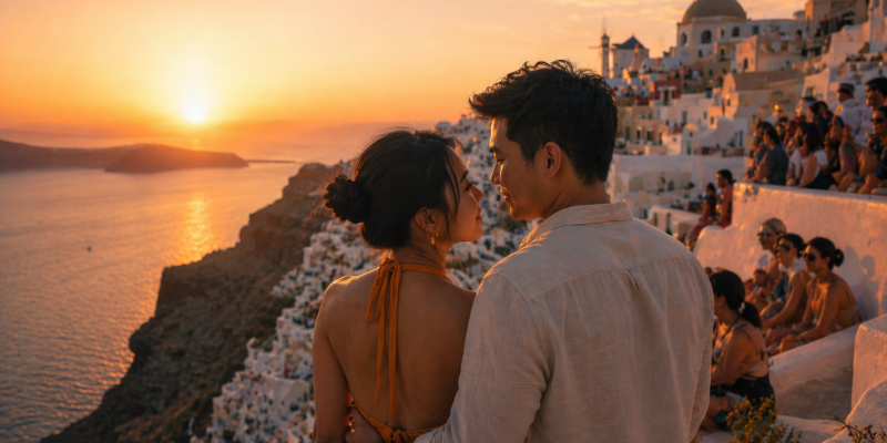 Sunset in Oia with couples watching