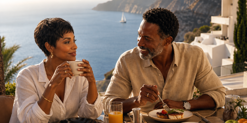Breakfast on terrace overlooking sea