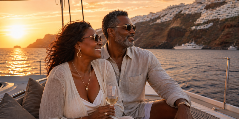 Private catamaran sailing at sunset