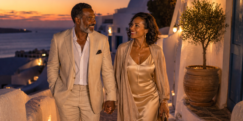 Couple walking through quiet Santorini street at dusk