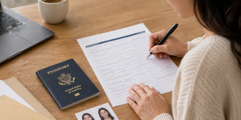 A woman fills up the form to apply for a US passport