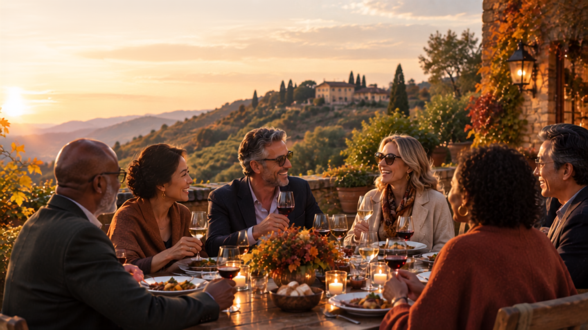 Small group enjoying a luxury autumn dinner. Small group enjoying a luxury autumn dinner.