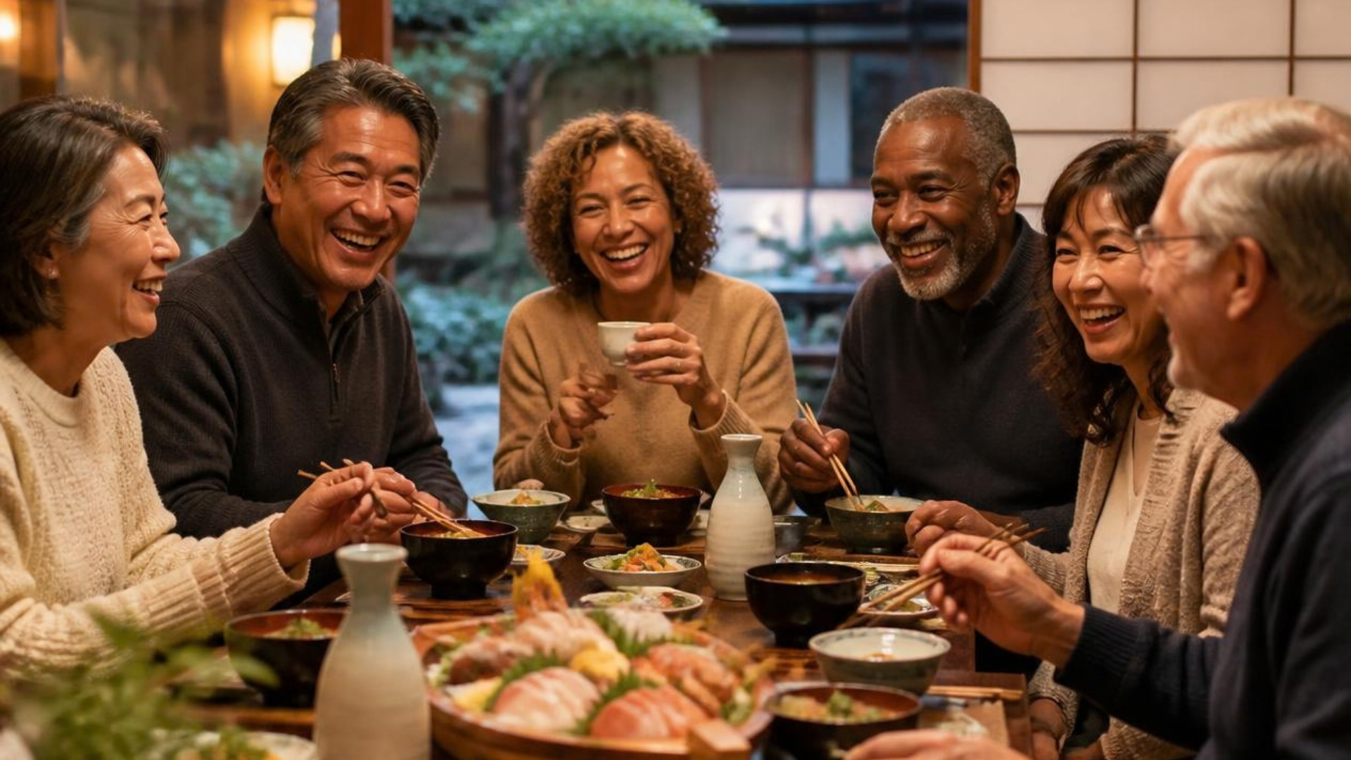 Diverse group of travelers 45+ enjoying a Japanese dinner together during a milestone trip. Diverse group of travelers 45+ enjoying a Japanese dinner together during a milestone trip.