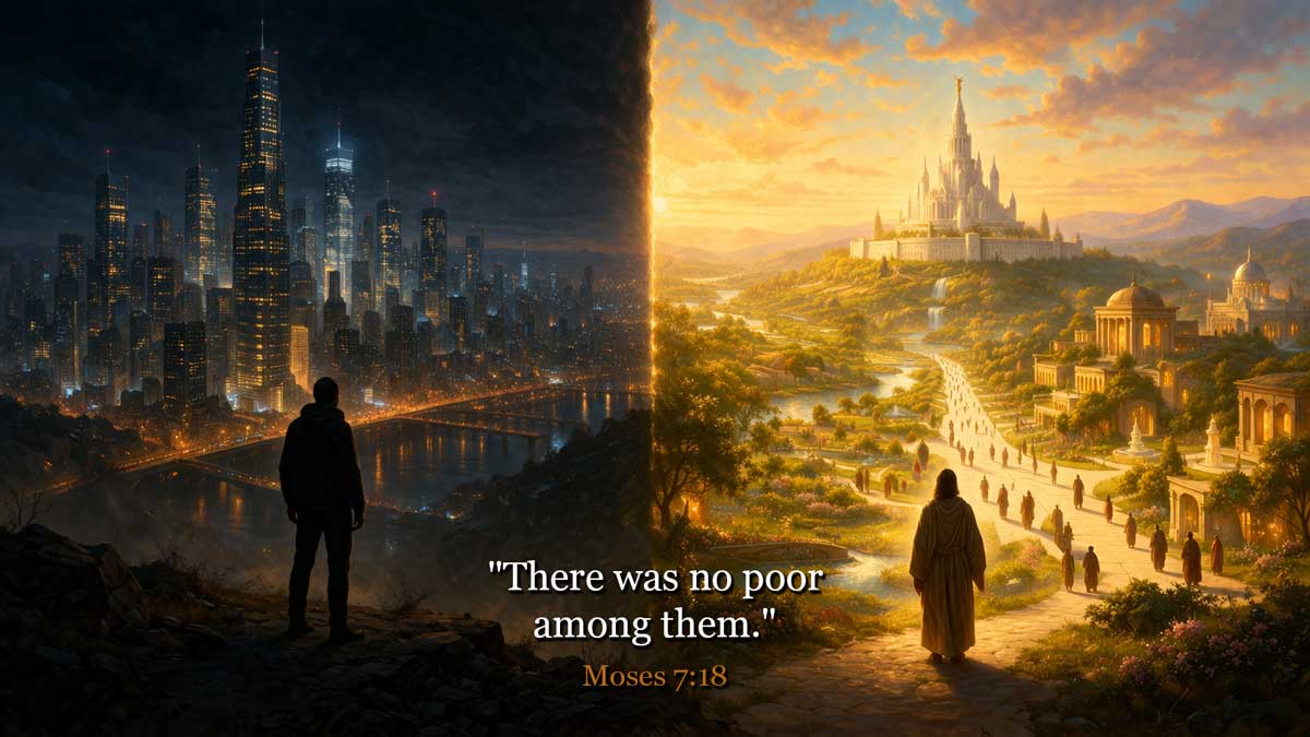 A split image contrasting the dark towers of Babylon with the radiant temples of Zion — illustrating the choice between the world's failed systems and God's Law of Consecration