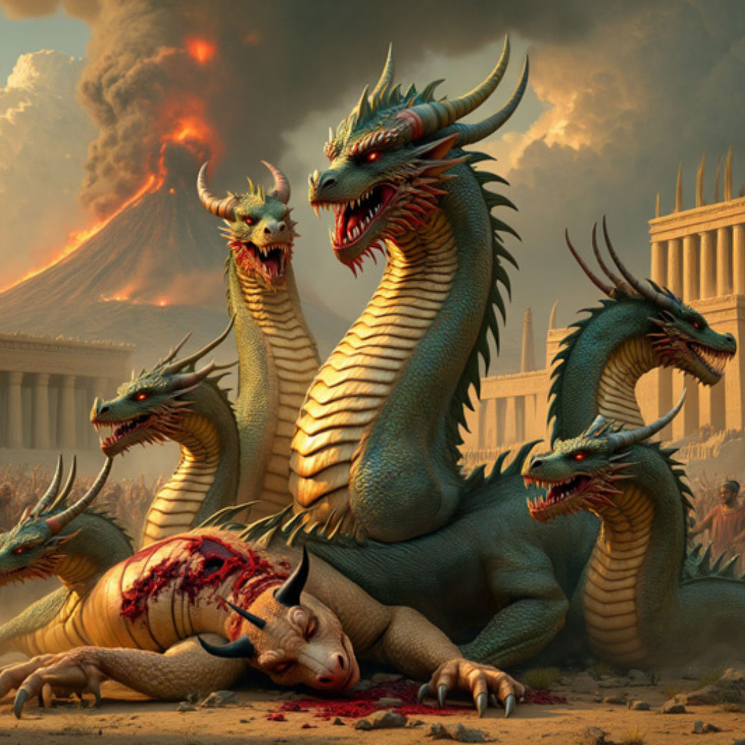 The seven-headed beast of Revelation 13 with one head wounded — illustrating the coming judgment on the global system of secret combinations