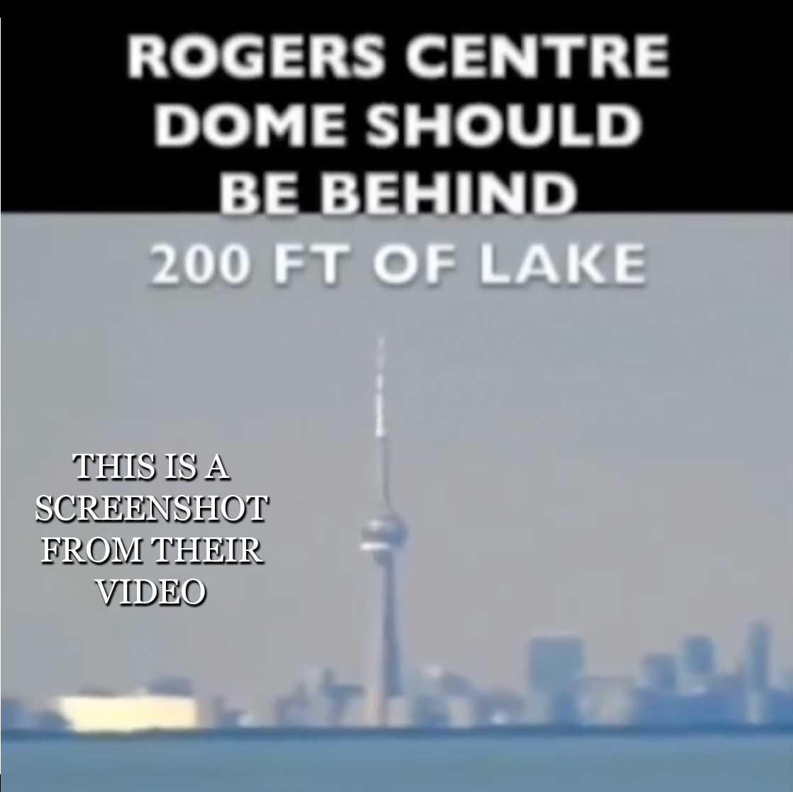 Screenshot from a flat Earth video claiming to show the CN Tower without curvature