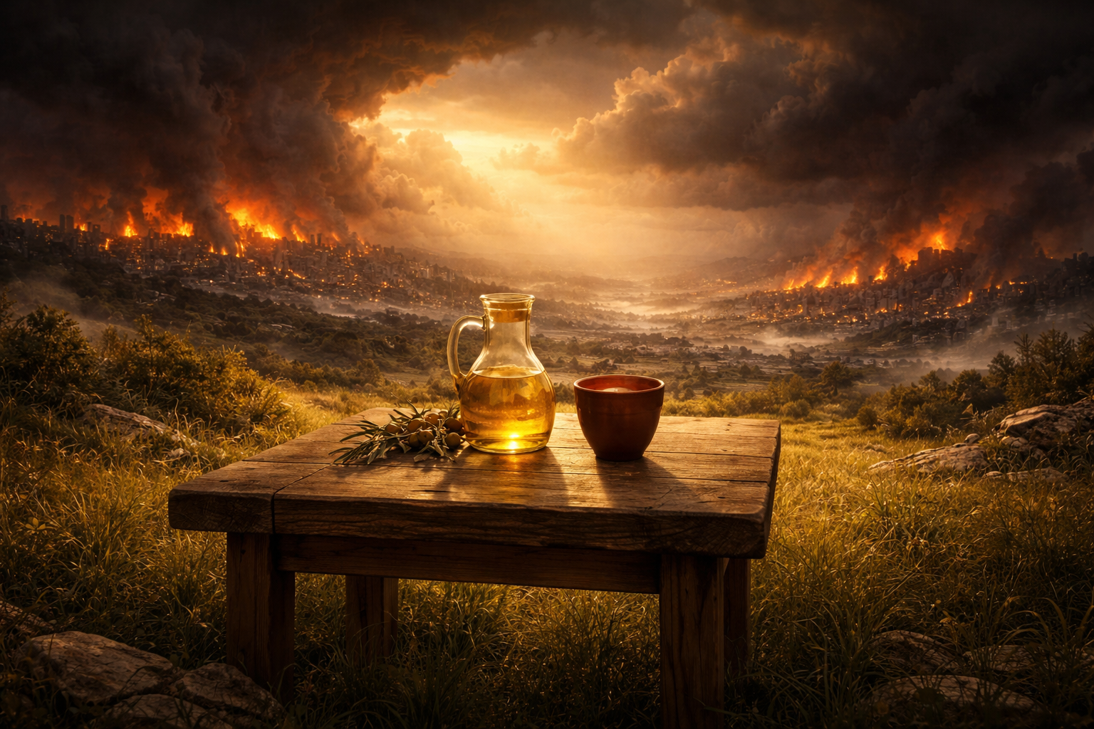 Sacred oil and wine on a peaceful table surrounded by chaos and destruction — the covenant people protected amidst Babylon's fall