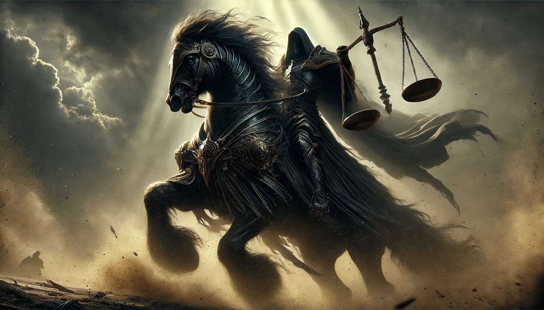 The Third Horseman on a black horse — carrying balances as economic collapse spreads across the earth