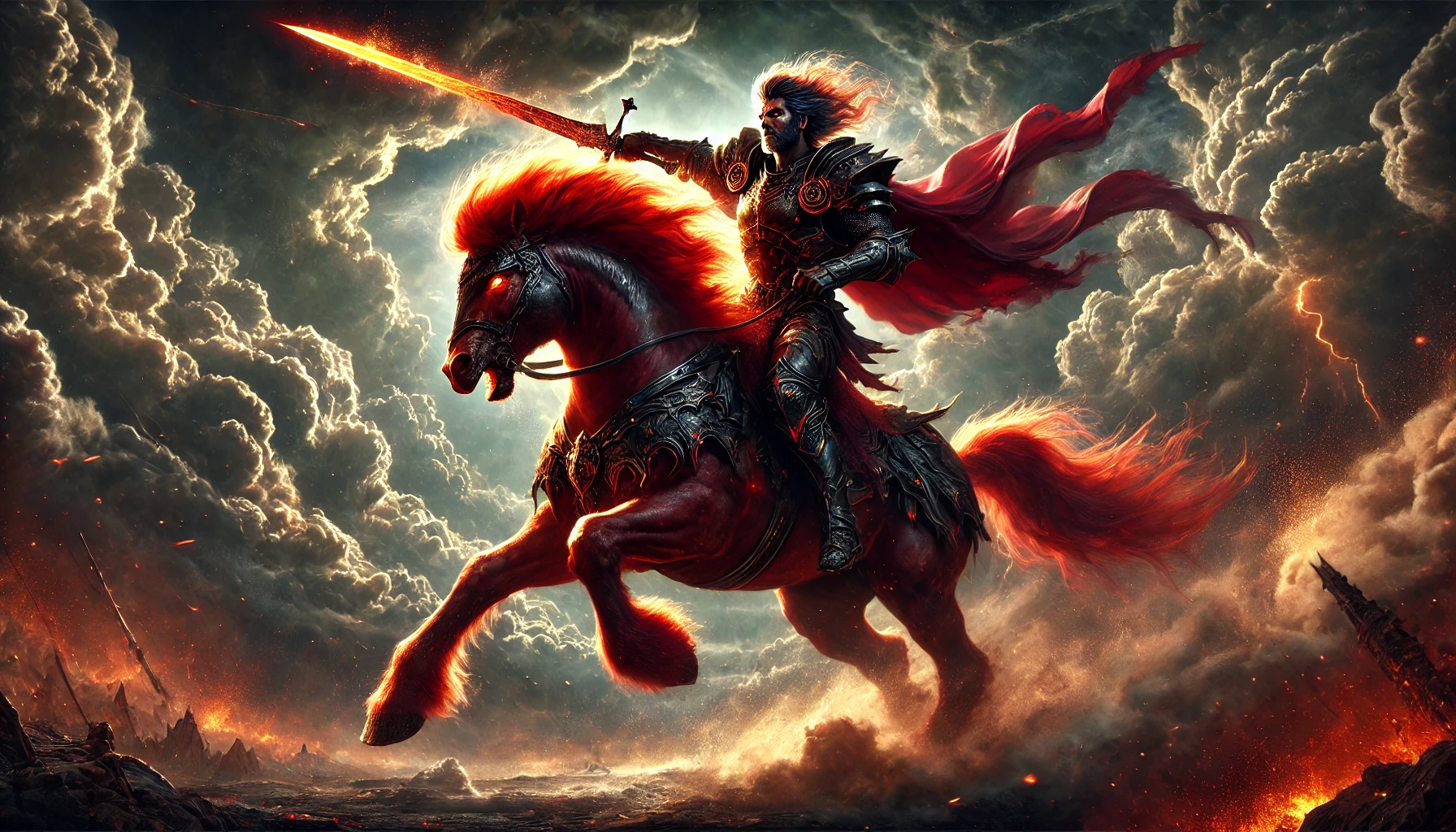 The Second Horseman on a red horse — taking peace from the earth with a great sword