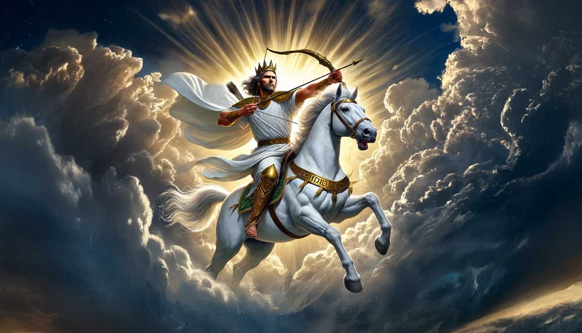 The First Horseman on a white horse — the divinely authorized servant going forth conquering