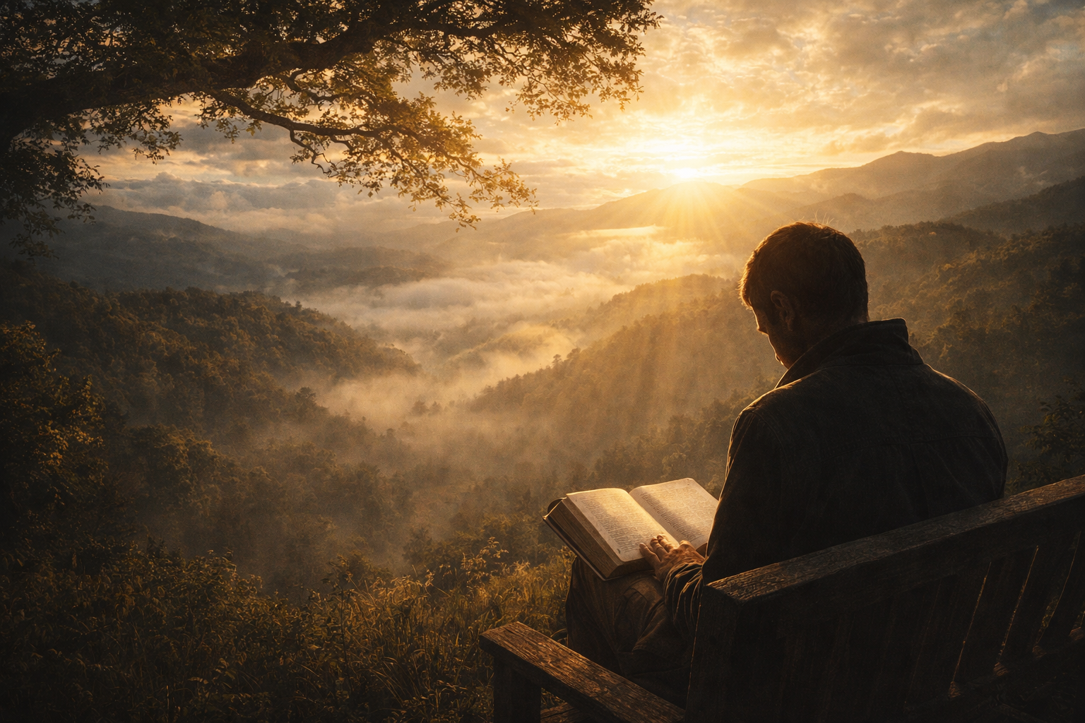 A person sitting alone in a beautiful peaceful setting, deeply absorbed in reading scripture