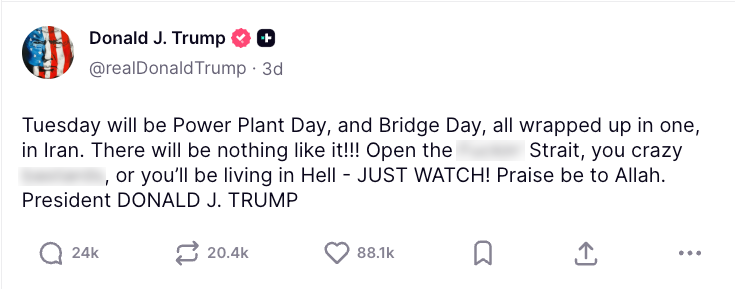 Trump Truth Social post demanding Iran open the Strait of Hormuz