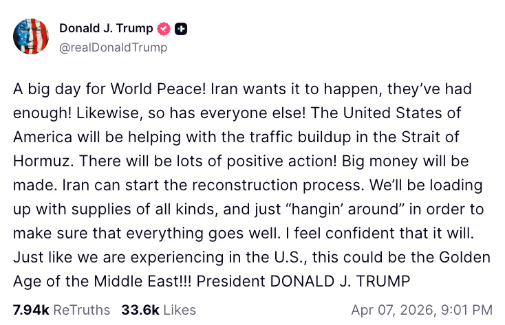 Trump Truth Social post declaring World Peace