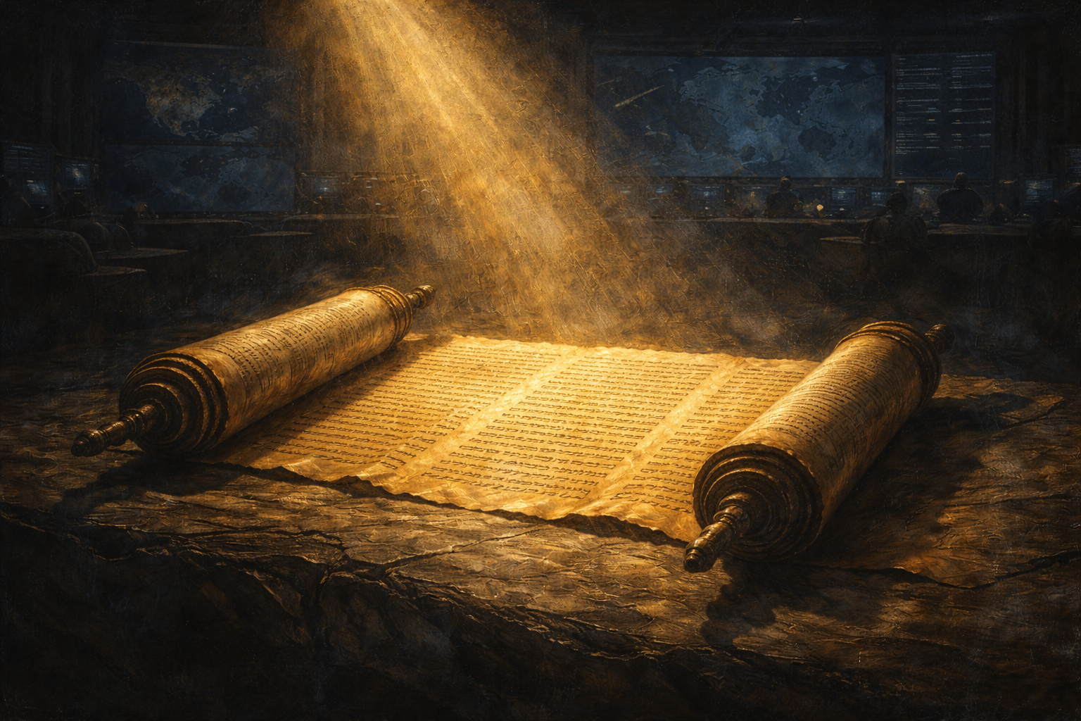 Ancient prophetic scroll with modern dealmaking imagery