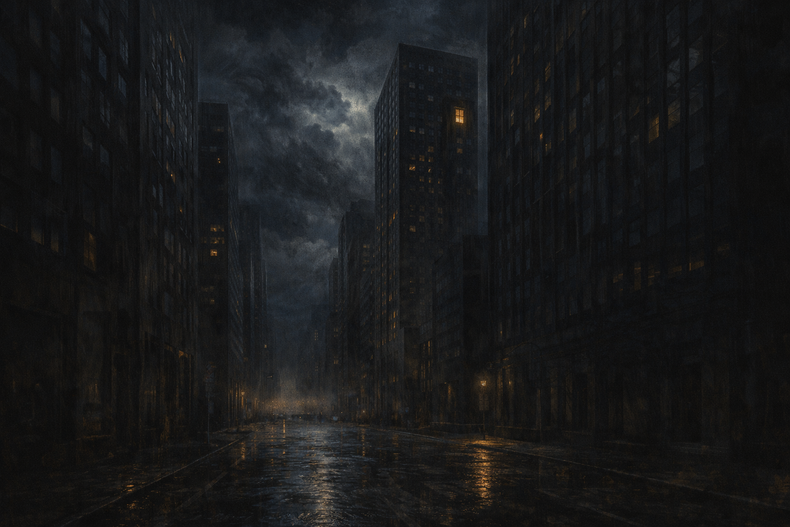 Modern city skyline at night with most lights dark and a single window still glowing, representing the urgency of prophetic warning in the last days