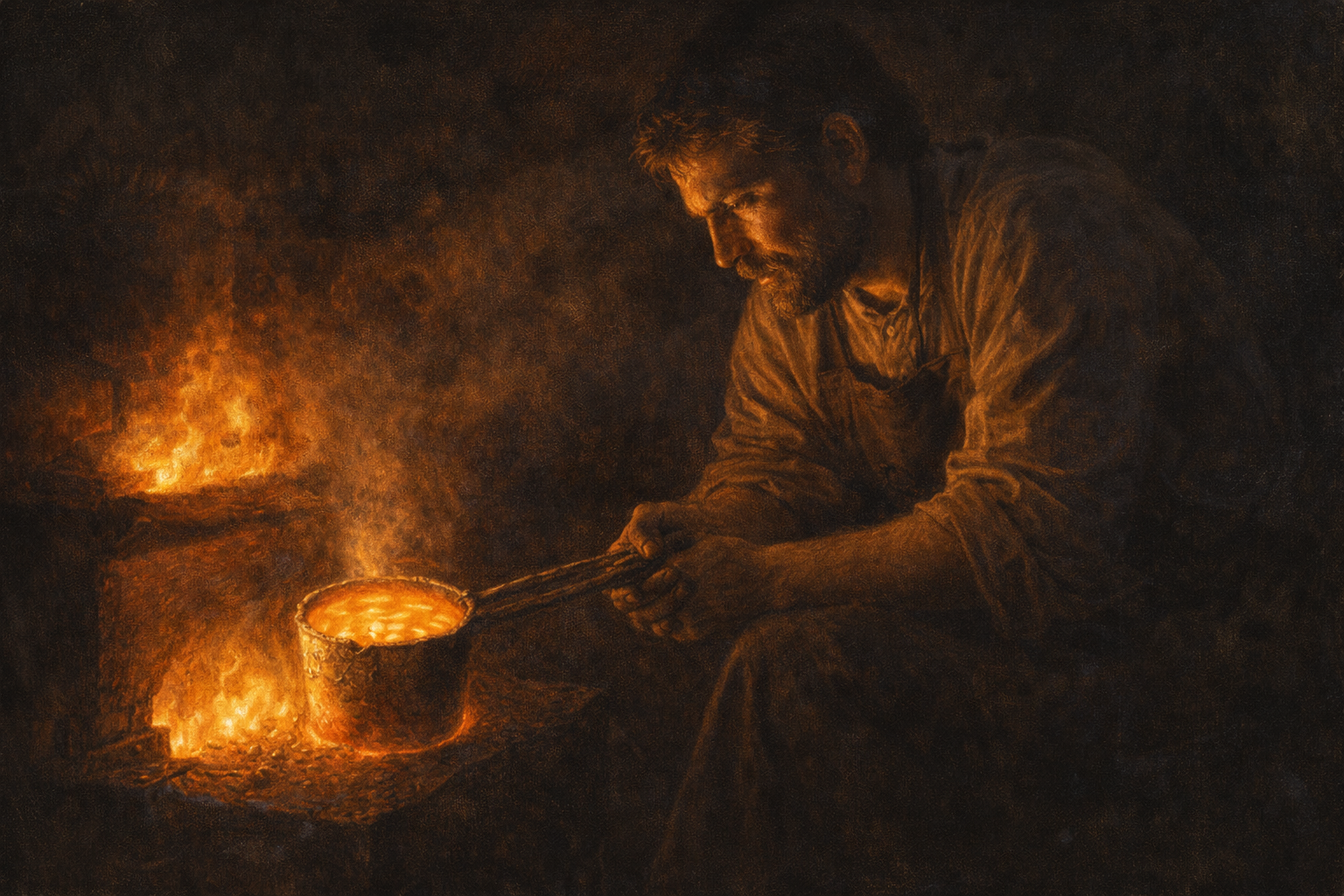 A silversmith sits beside a glowing forge watching for his reflection in the molten silver, a symbol of how God refines us until His image appears in us