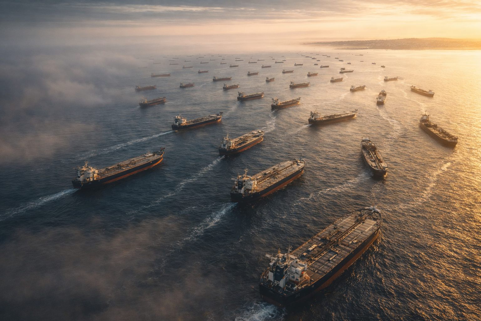 An armada of empty oil tankers turning in formation across open ocean, bows pointed toward the American coastline at dawn