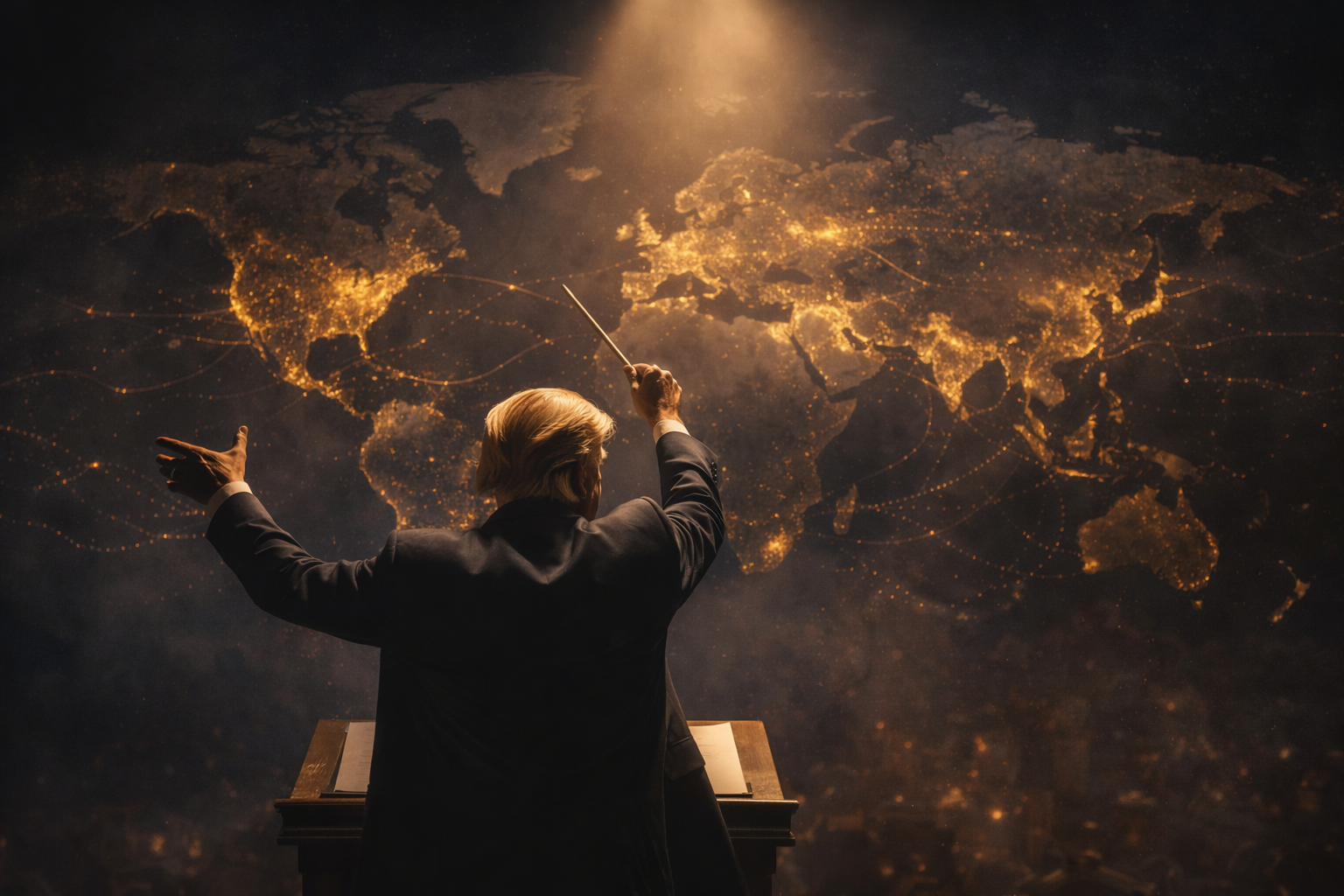 A figure conducting an orchestra of world events with the nations of the earth as his instruments, while smaller players continue petty games in the foreground