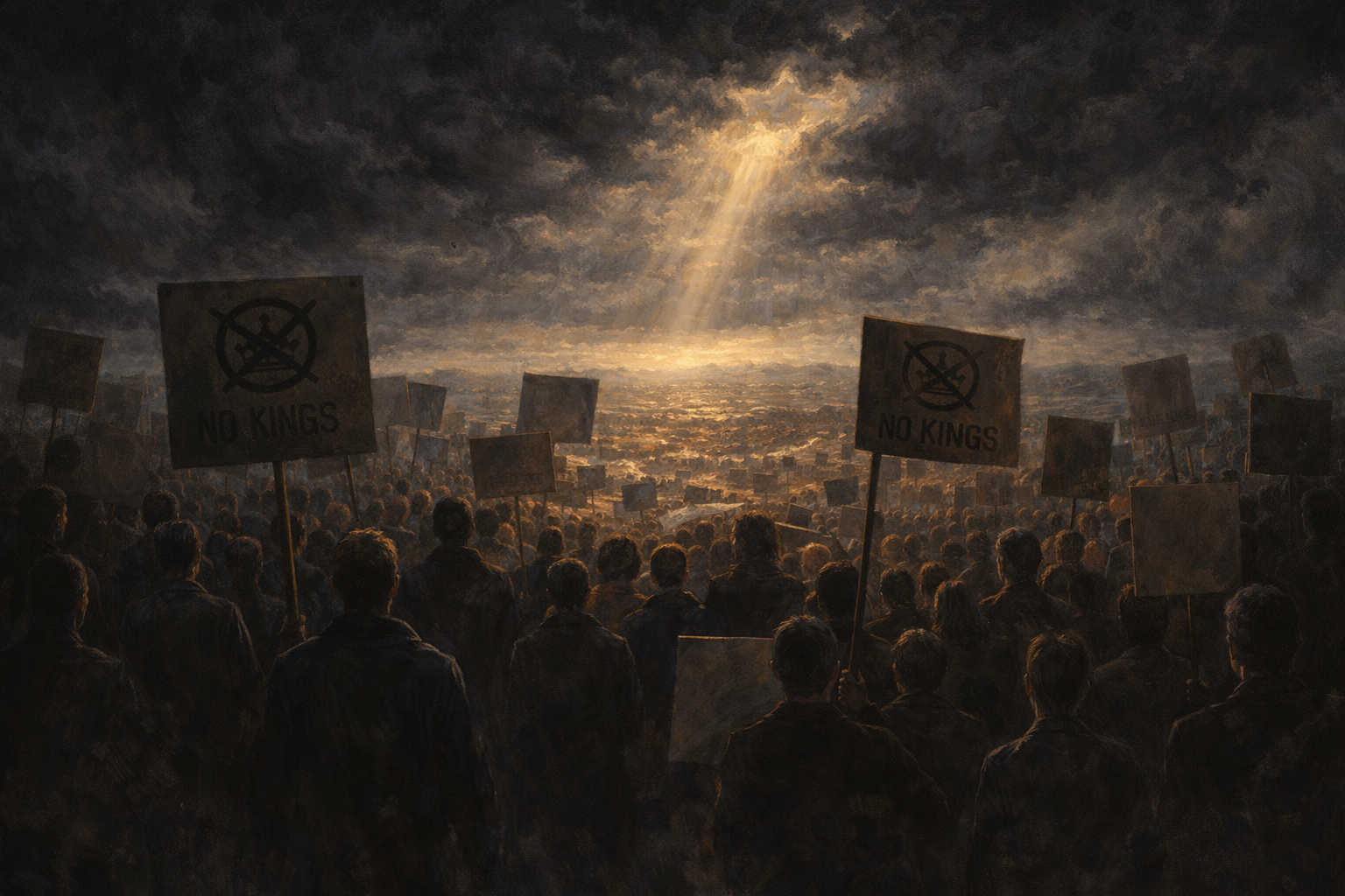 Protesters at a No Kings rally holding signs and chanting, organized opposition to an elected president in a constitutional republic