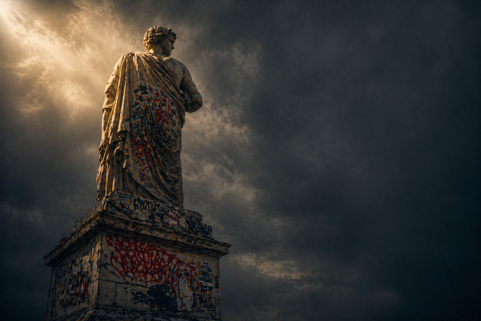 A weathered classical statue standing above a graffiti-covered pedestal, looking past the vandalism toward the horizon, representing the dignity of God's chosen servant against the noise of accusation