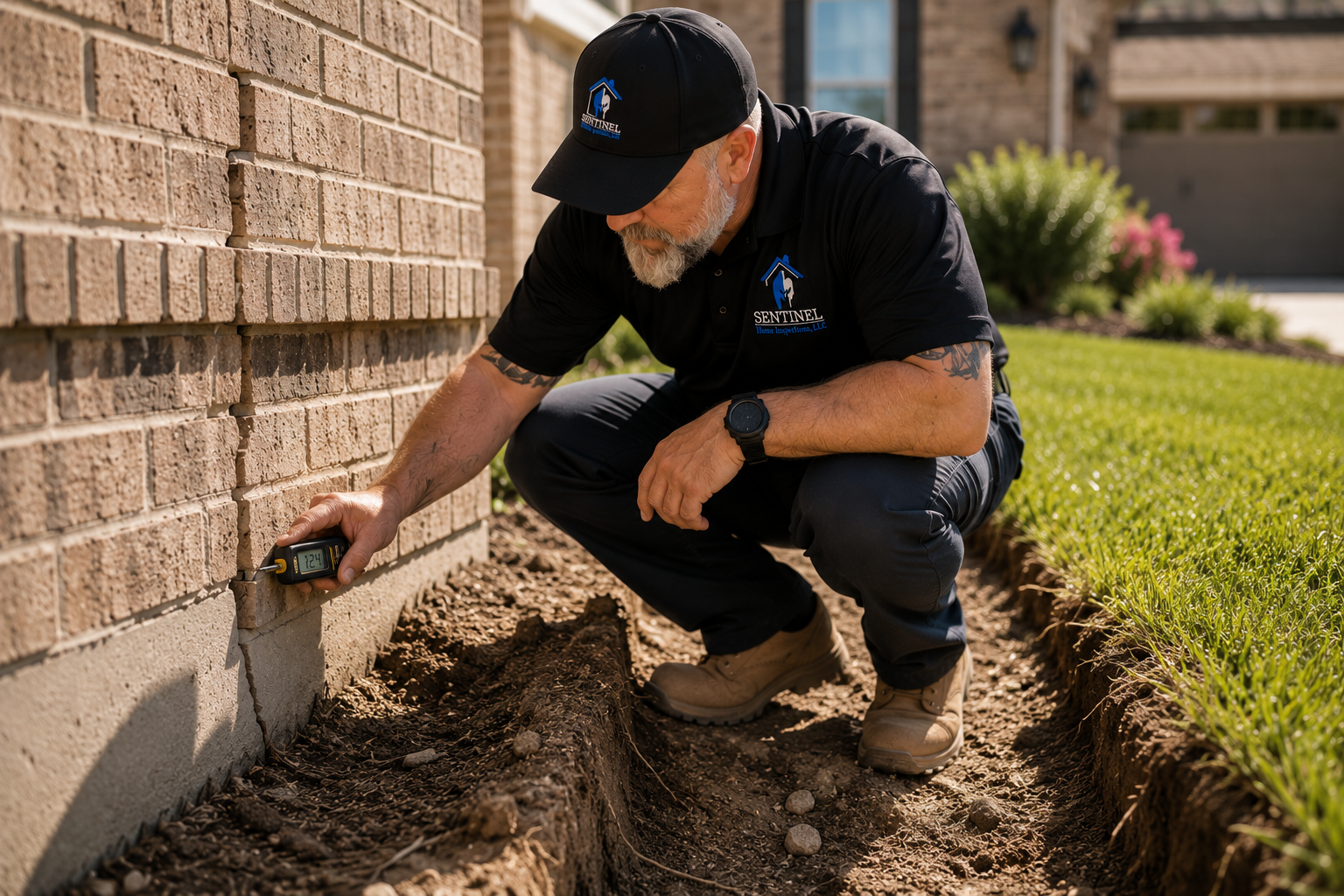 Home inspector examining brick foundation cracks and negative grading that can contribute to foundation movement in North Texas homes. Home inspector examining brick foundation cracks and negative grading that can contribute to foundation movement in North Texas homes.